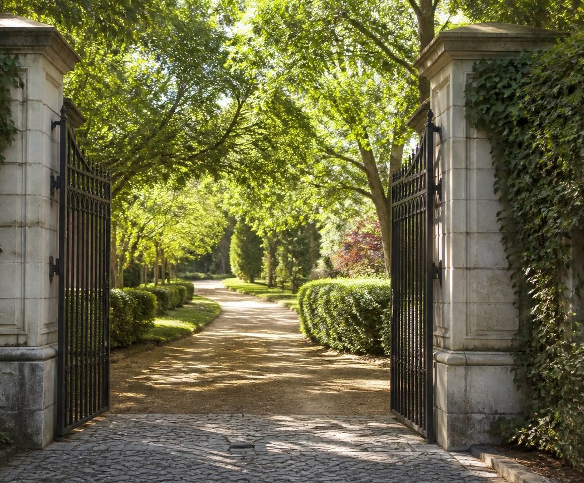 An open gate leading onto a sunlit, tree-lined path