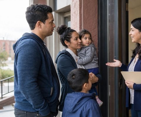 A woman welcoming a family with children at a doorway