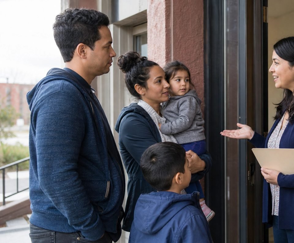 A woman welcoming a family with children at a doorway