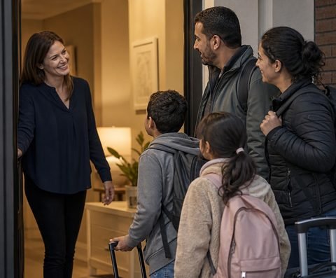 A woman welcoming a family at the door of a home