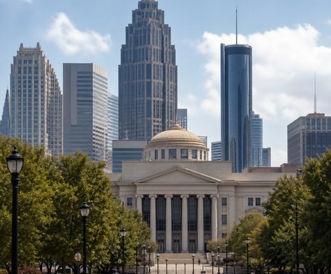 The downtown Atlanta skyline behind a columned courthouse