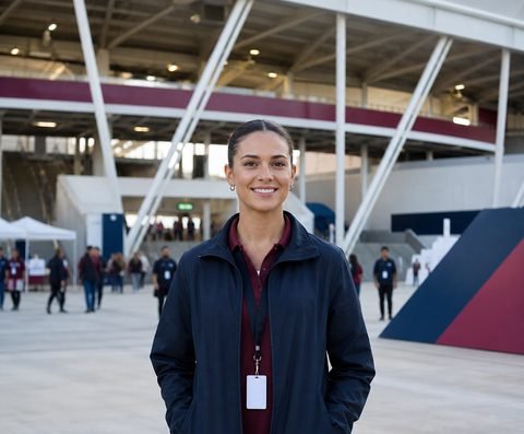 A World Cup volunteer wearing a credential lanyard outside a stadium