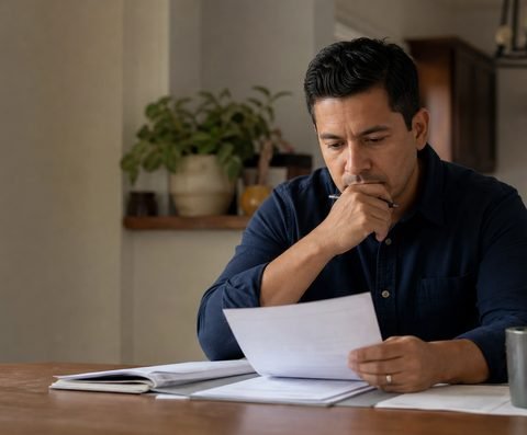 A man reading a letter at his kitchen table