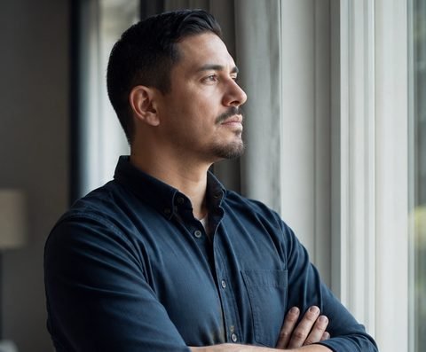 A man standing with his arms crossed beside a window