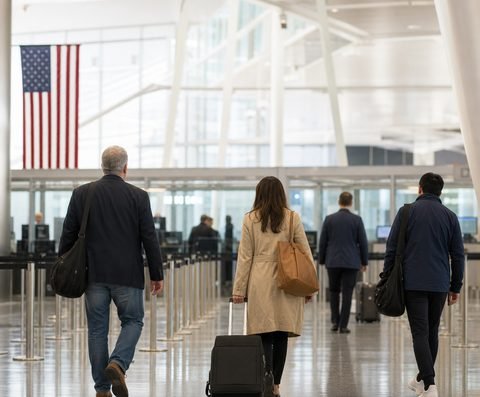 Travelers walking with luggage toward the inspection booths in an airport arrivals hall