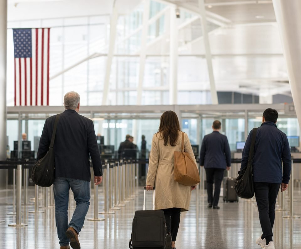 Travelers walking with luggage toward the inspection booths in an airport arrivals hall