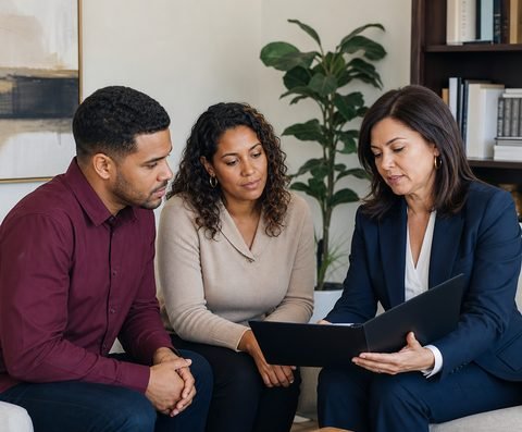 A couple reviewing case documents with an attorney in her office