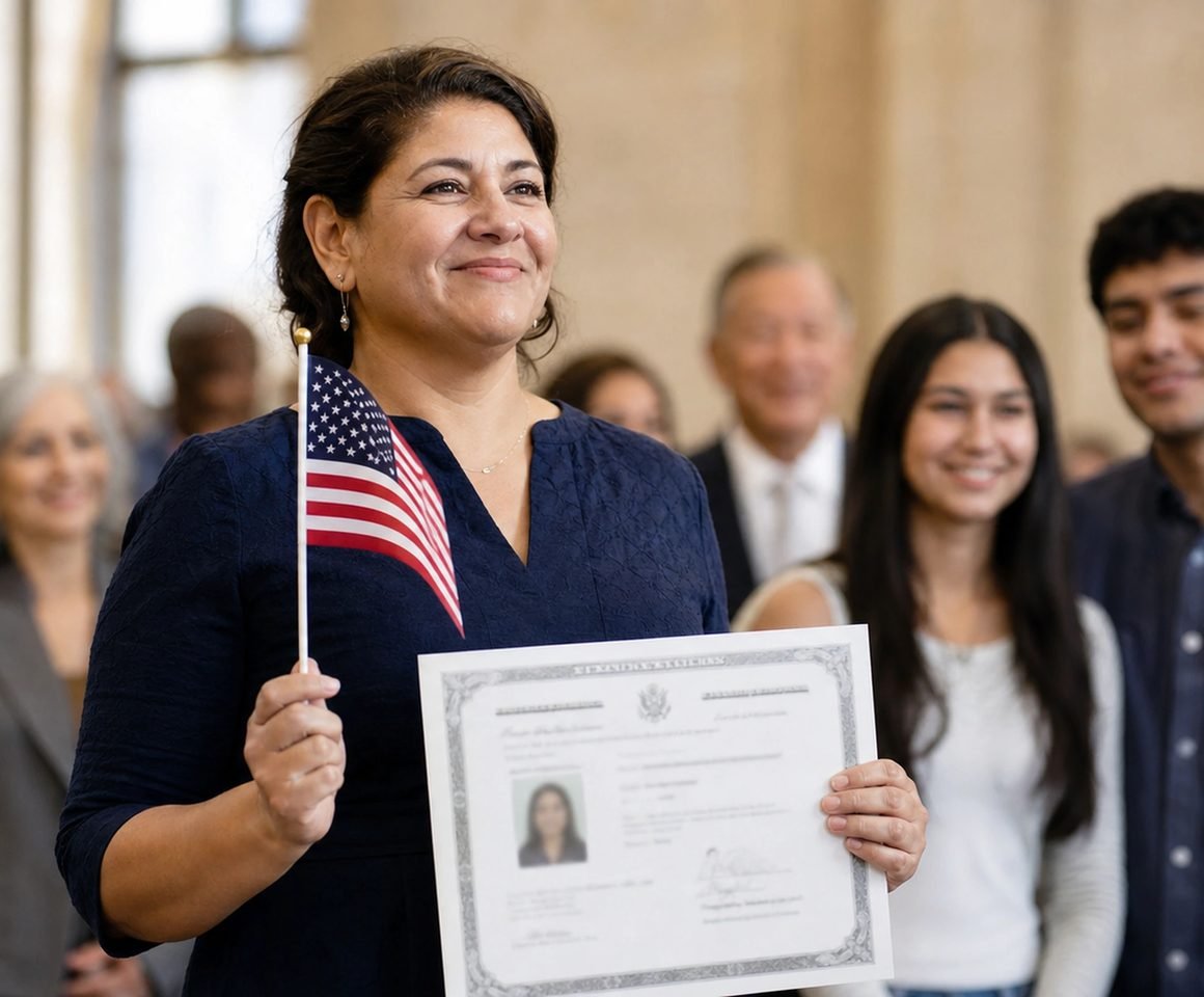 A new US citizen holding her naturalization certificate and a small American flag