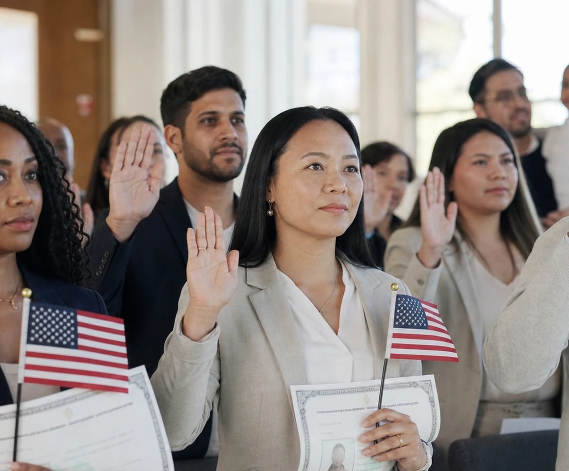 New citizens raising their right hands at a naturalization oath ceremony