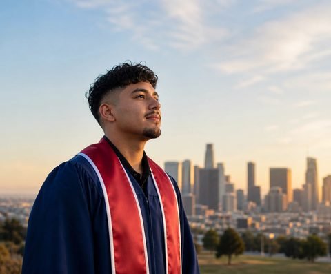 A young graduate in a stole looking out over a city skyline