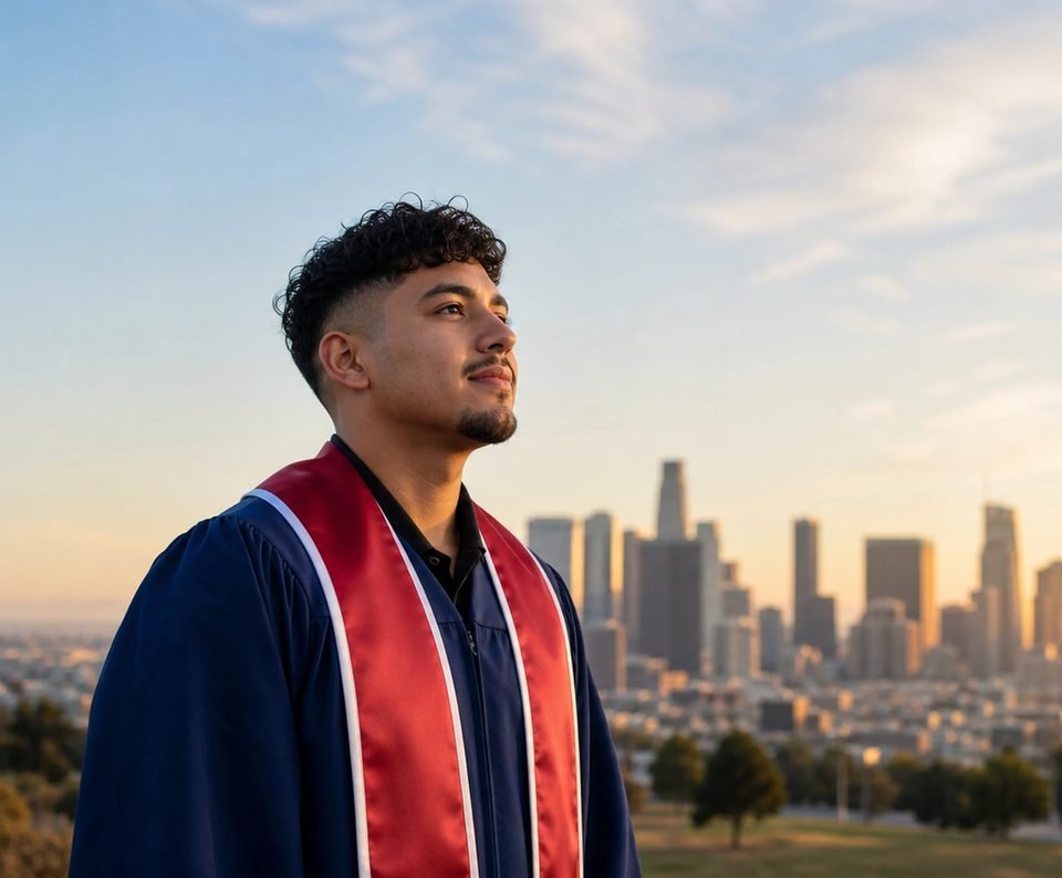 A young graduate in a stole looking out over a city skyline