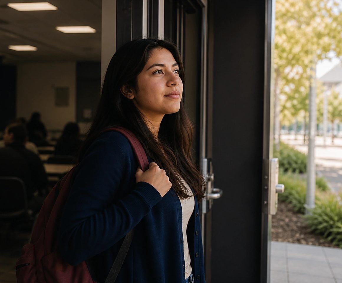 A young student stepping out of a campus building into the sunlight