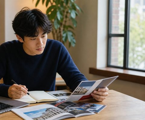 A student reviewing university program materials at a table