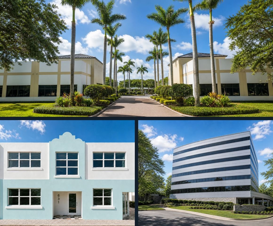 The three Delgado Purdy Law offices: the Boynton Beach business park, the Lake Worth building at 631 Lucerne Avenue, and the Atlanta office at Perimeter Center
