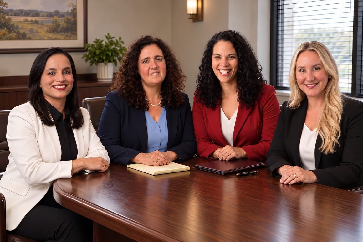 Las cuatro abogadas de inmigración de Delgado Purdy Law en reunión: Luz Pedraza, Jacqueline Delgado, Thais Arsolino Purdy y Jessica Smith