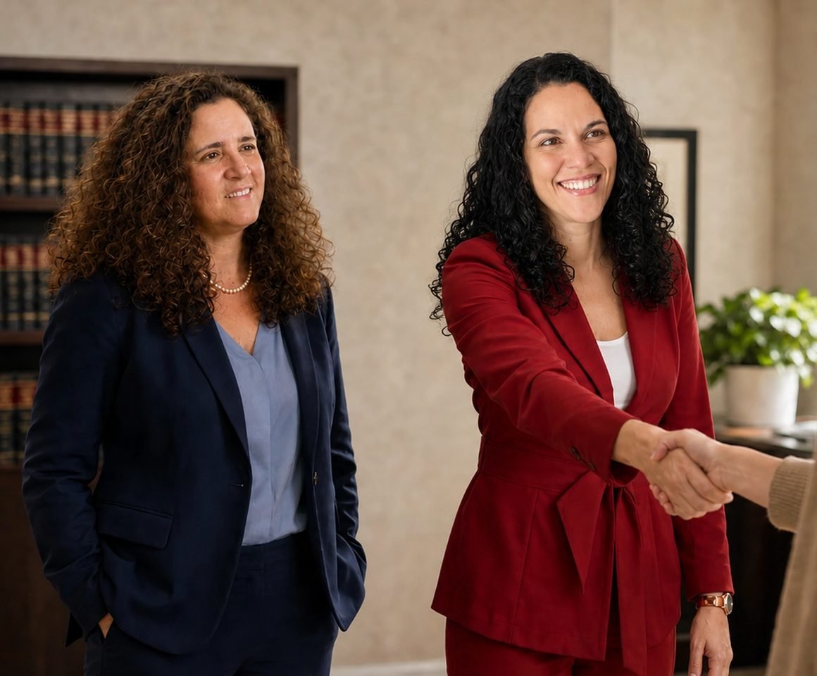 An attorney shaking hands with a client in the firm's office