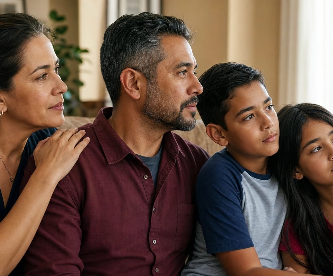 A mother, father, and son sitting close together at home