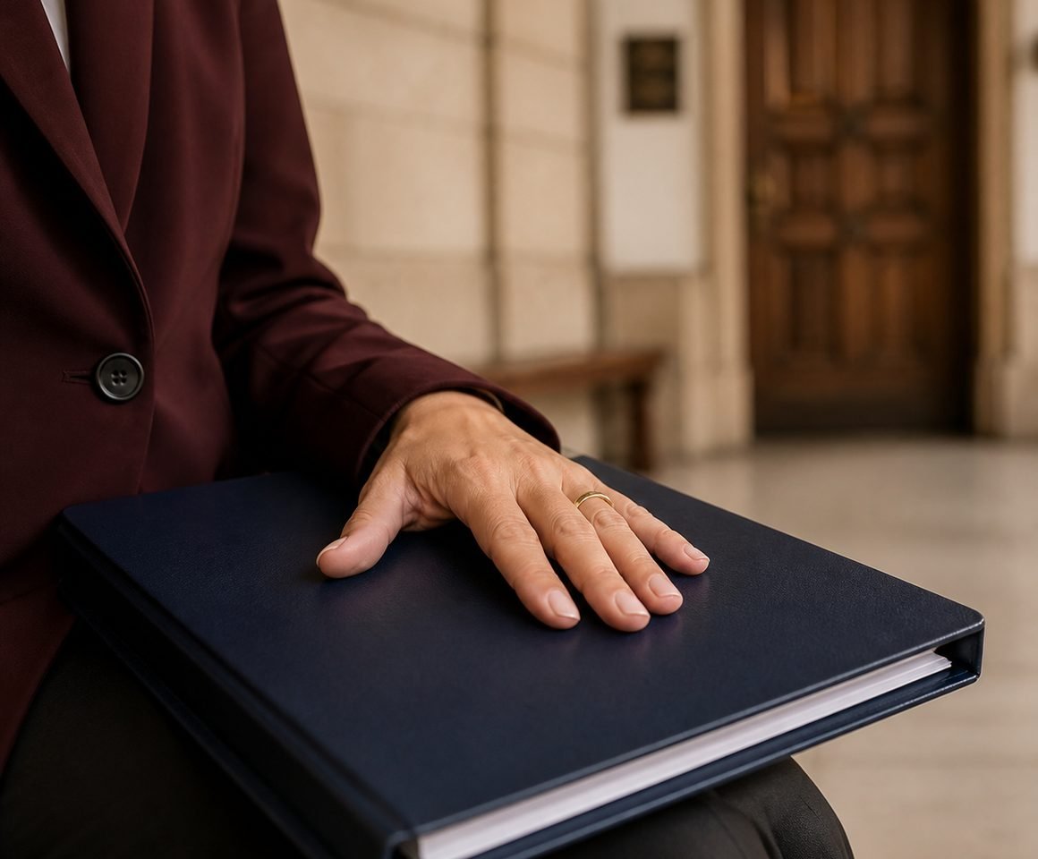 An attorney holding a closed case file outside a courtroom door