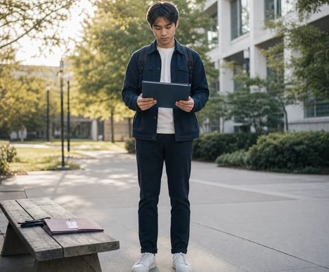 An international student reading a notice on a tablet on a quiet campus walkway