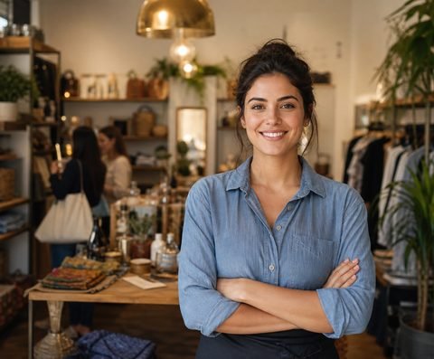 A boutique owner standing with her arms crossed in her shop