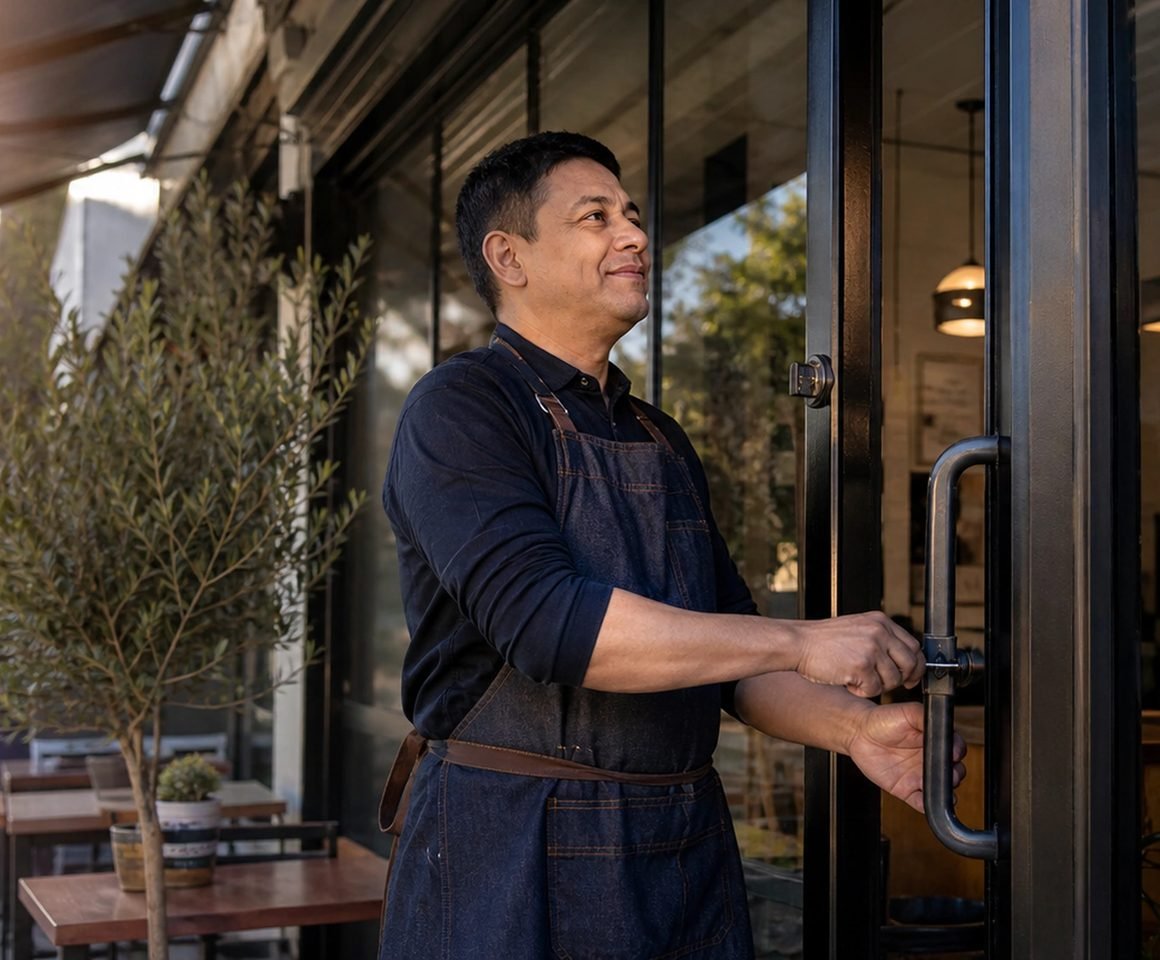 A restaurant owner unlocking his front door in the morning