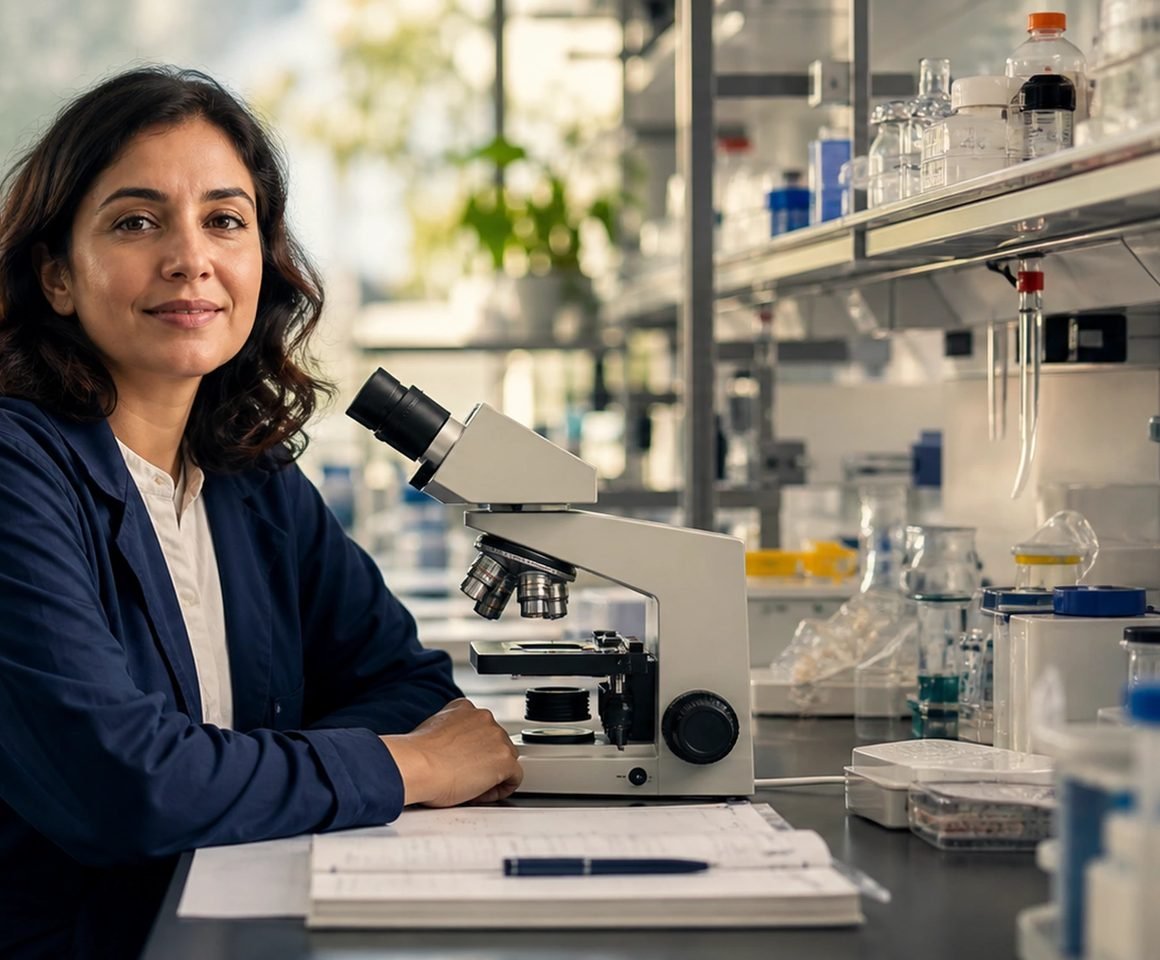 A research scientist working at a microscope in a laboratory