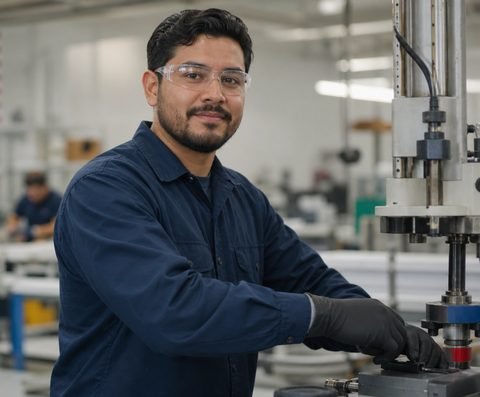 A skilled worker operating a drill press in a workshop