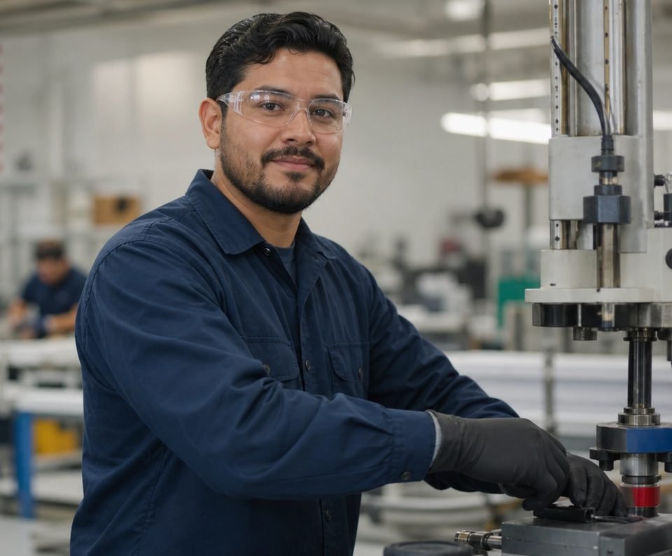 A skilled worker operating a drill press in a workshop