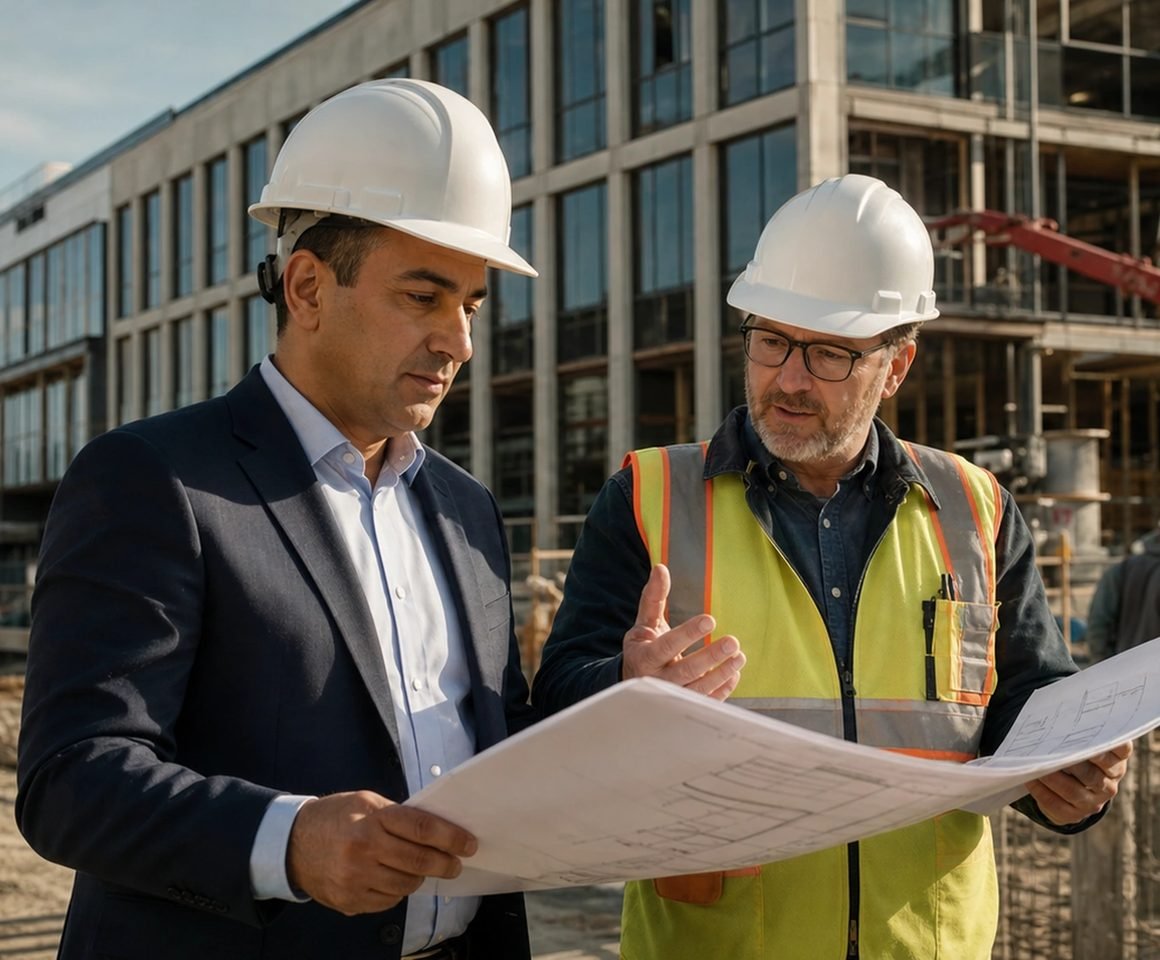 An engineer holding plans at a construction site