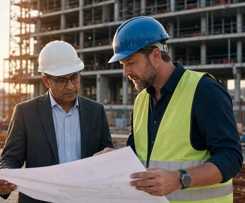 Two men reviewing building plans at a construction site