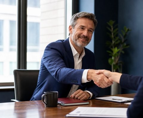 An employer shaking hands with a candidate across a desk