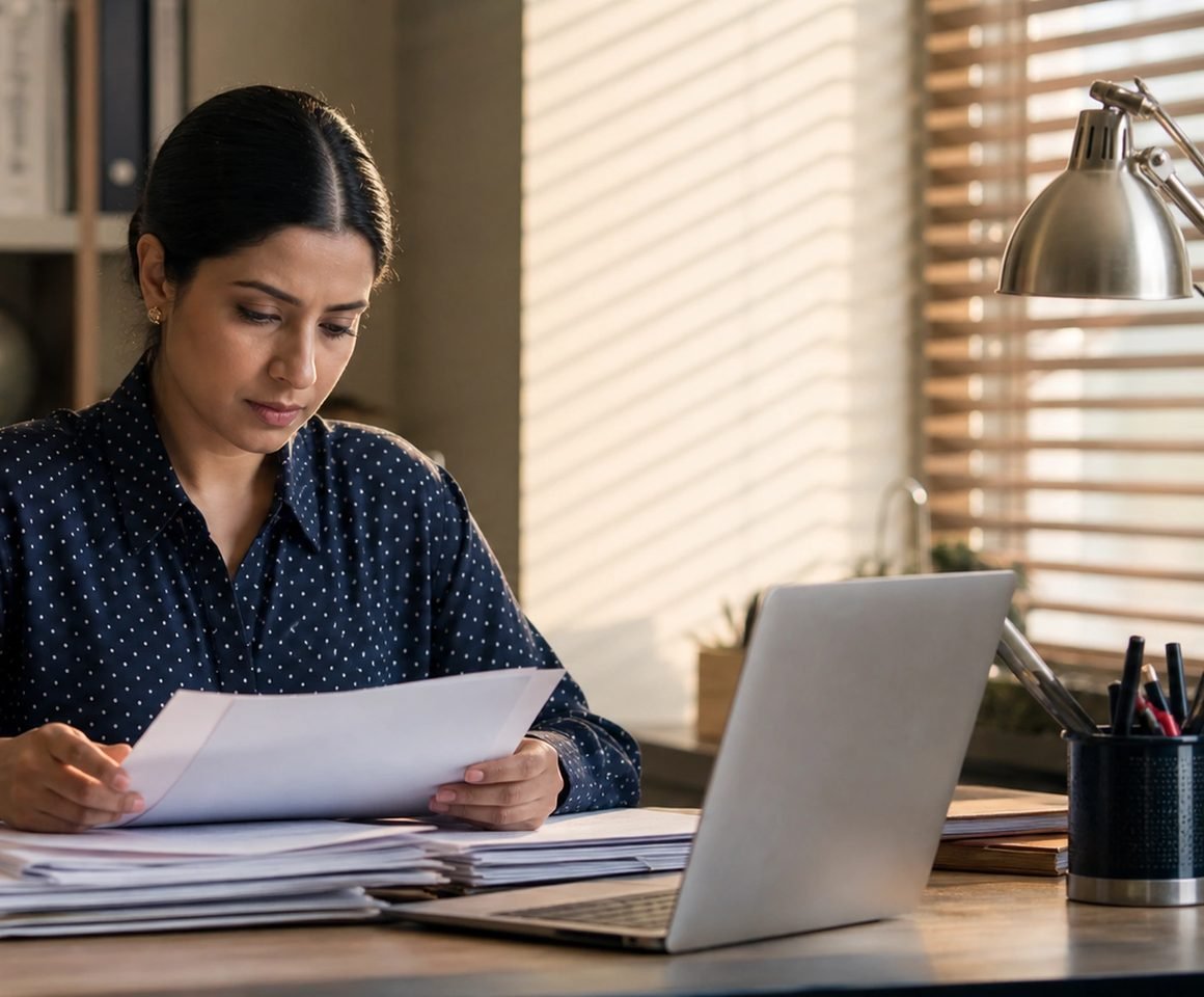 A professional reviewing visa paperwork at a desk with a laptop