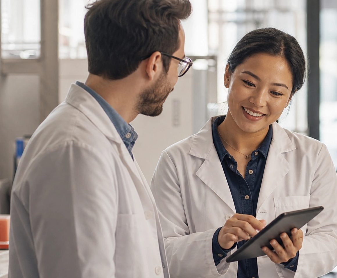 Two researchers in lab coats reviewing results on a tablet