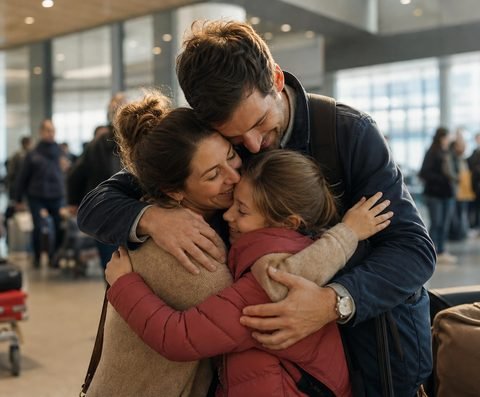 A family holding each other in an airport arrivals hall