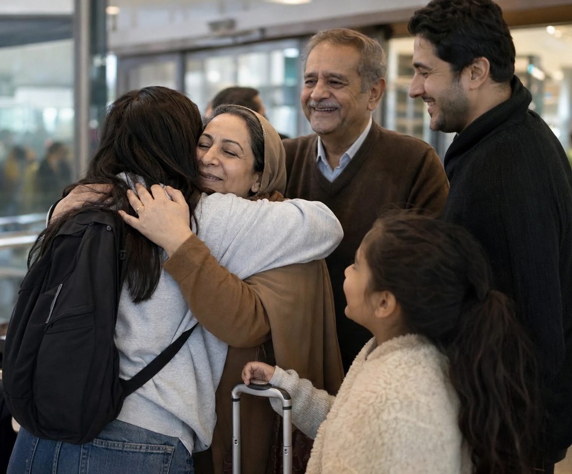 A family embracing in an airport arrivals hall