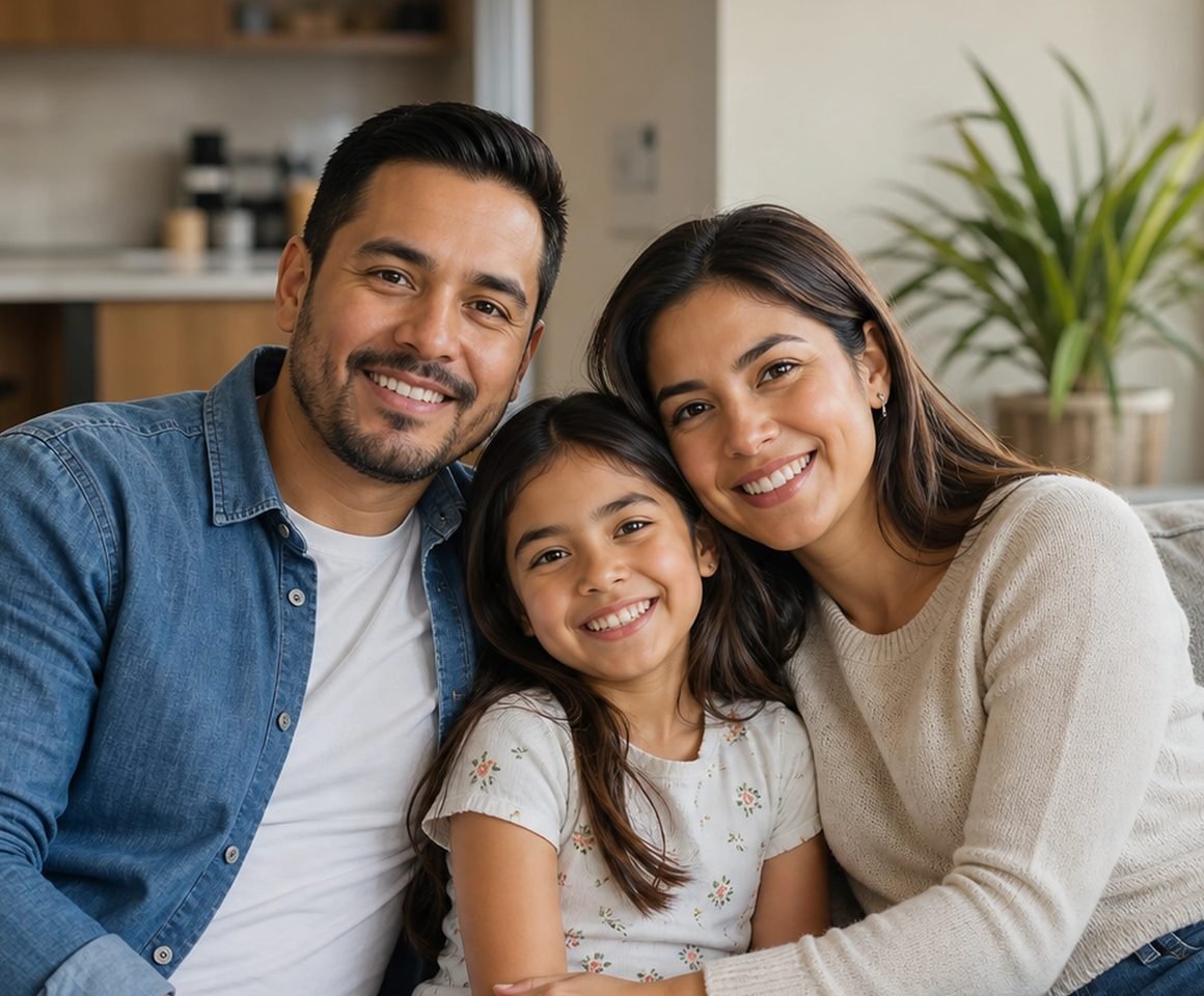 A mother, father, and their young daughter smiling together on the couch at home