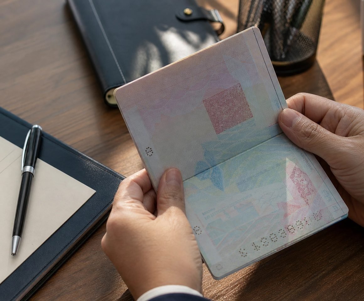 Hands holding an open passport stamped by an immigration officer