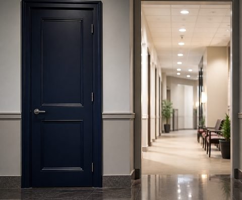 A closed office door beside an empty federal building corridor