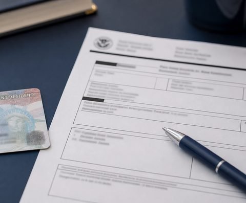 An immigration renewal form and a pen on a desk