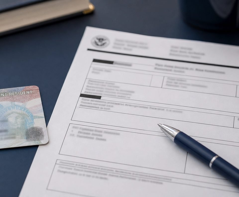 An immigration renewal form and a pen on a desk