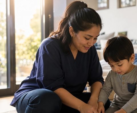 A caregiver playing with a young child at home