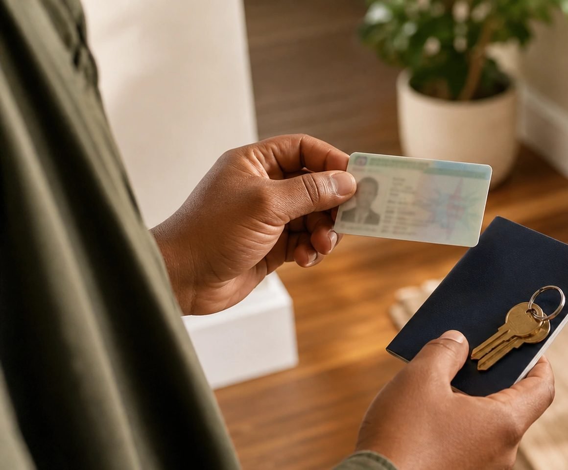 A hand holding a permanent resident card and a set of house keys