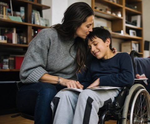 A mother reading with her son, who uses a wheelchair