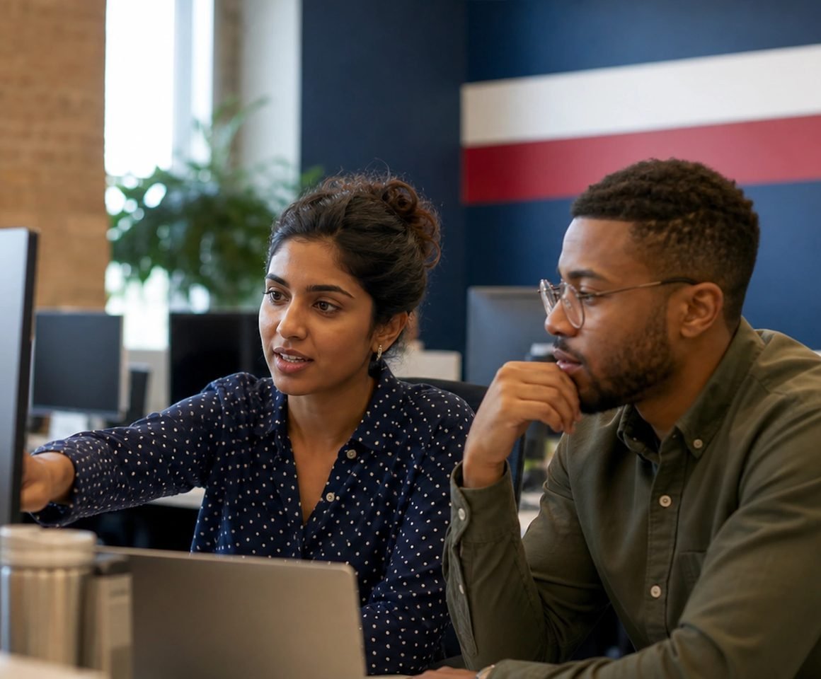 Two colleagues reviewing a petition on a laptop