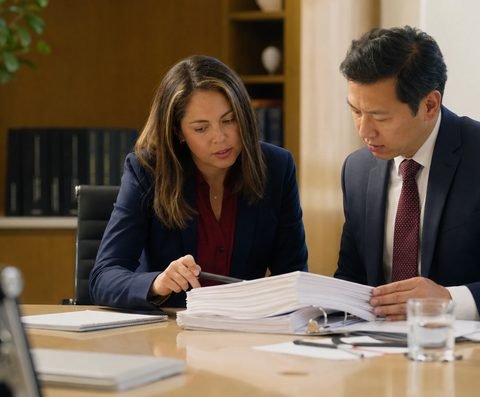 Two professionals reviewing petition documents in a meeting room