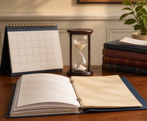 An hourglass and a desk calendar beside an open case binder
