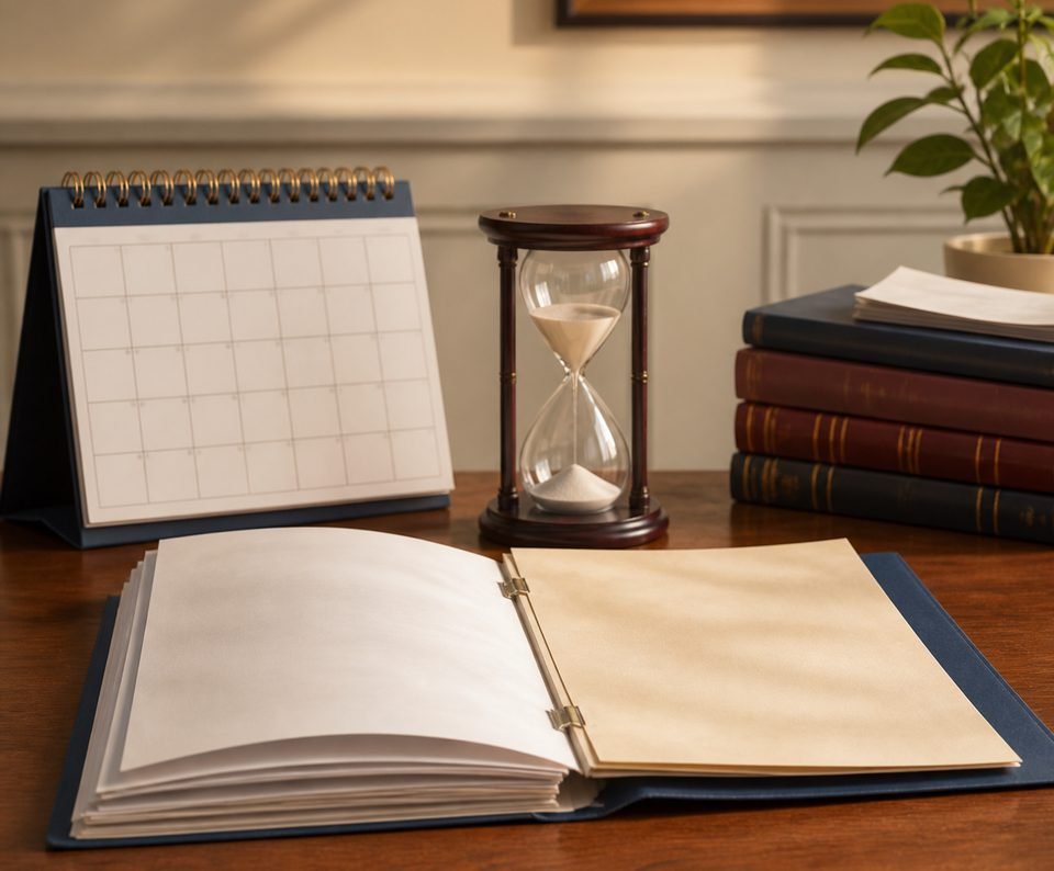 An hourglass and a desk calendar beside an open case binder