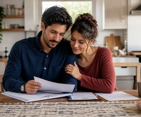 A couple filling out paperwork together at their table