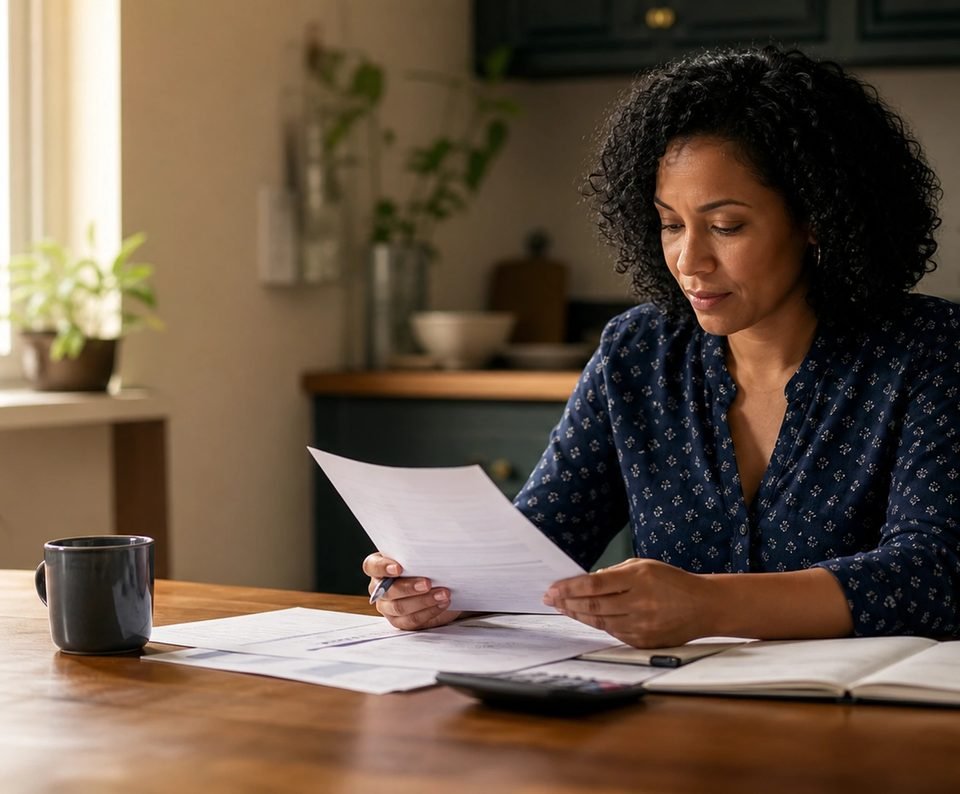 A woman reviewing petition paperwork alone at a table