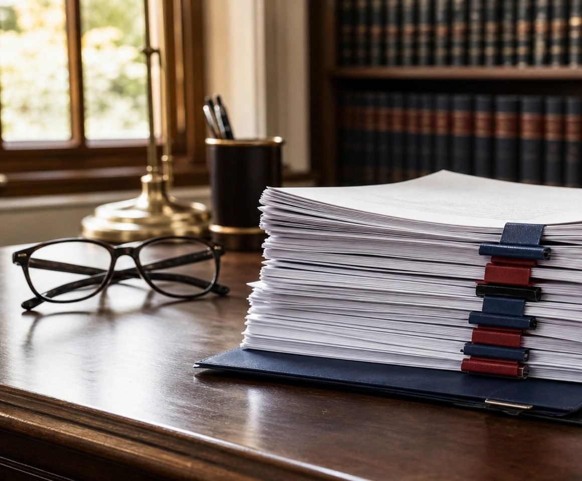 A federal court brief and reading glasses on an attorney's desk